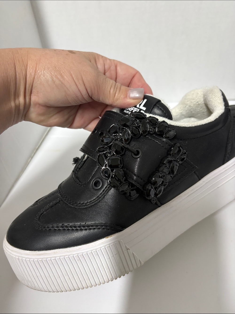 Karl Lagerfeld Kids Black Leather Sneakers with White Sole - Picture 6 of 7